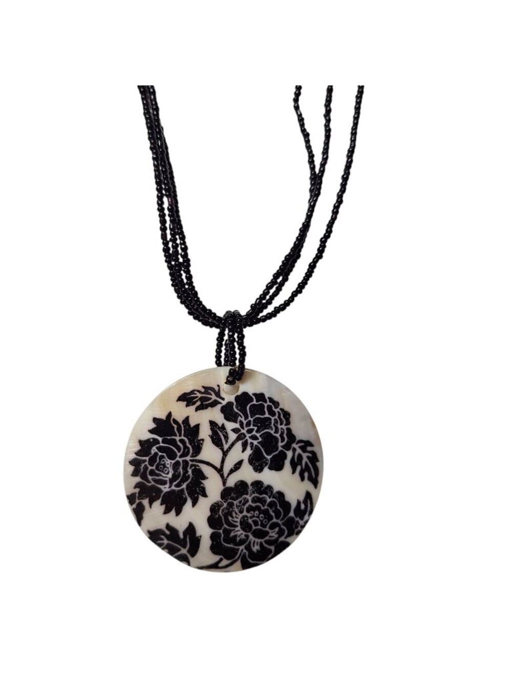 Vintage Carved Mother of Pearl Shell Flower Pendant Necklace Black Beaded Strand